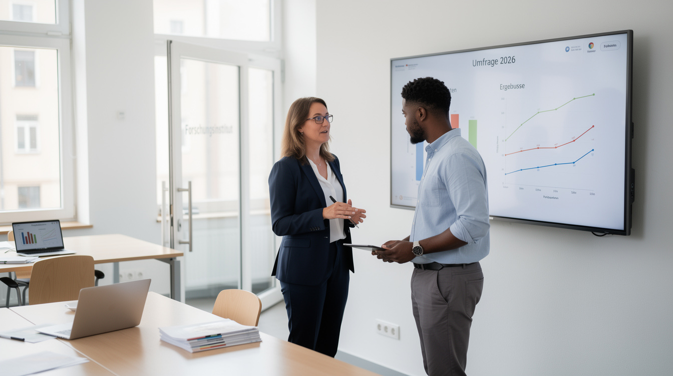 Researchers analyzing audience survey data on a screen in a modern office